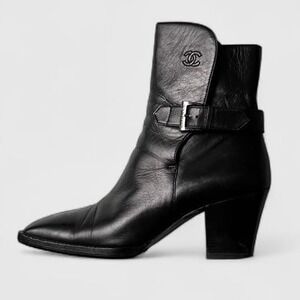 Vintage 90s Chanel Black Leather CC Logo Ankle Boots Buckle Moto 36.5